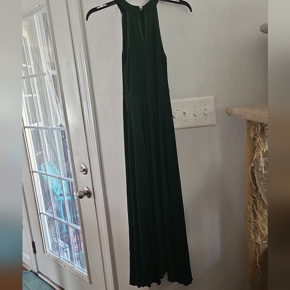 Dark Green glitter halter top maxi dress leg slit & neck button sz. 140 10yr US - Picture 6 of 6